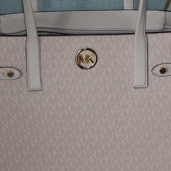 NWT $498 MICHAEL KORS CARMEN MK Monogram LARGE TZ DK PWDR BLSH Tote Shoulder BAG - Picture 7 of 11
